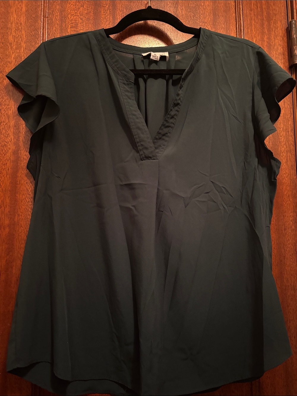 Calvin Klein Dark Green V-Neck Flutter Sleeve Blouse